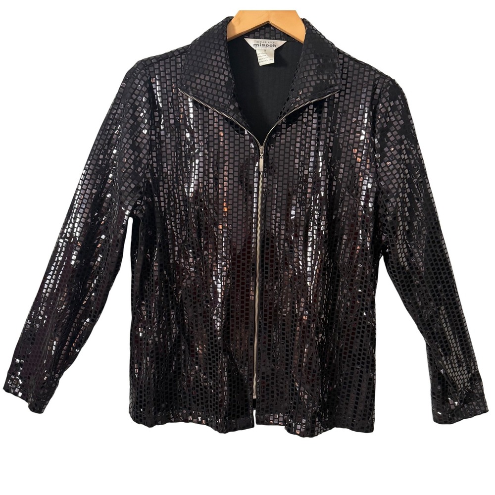Misook Women Sz Sm Black Metallic Shimmer Grid Zip Up Jacket Party Holiday Chic